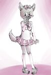  2020 abstract_background aggressive_retsuko anthro black_nose blush bottomwear bow_tie cheek_tuft clothed clothing crossdressing digital_media_(artwork) english_text facial_tuft fingers fluffy fluffy_tail footwear fur girly haida hi_res hyaenid inner_ear_fluff kemono legwear male mammal otmgirls sanrio school_uniform shoes signature skirt solo spots spotted_body spotted_face spotted_fur spotted_hyena standing stockings tail_tuft tapirclip text topwear tuft underbite uniform 