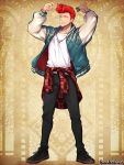  1boy black_footwear black_pants comb earrings facing_viewer holding holding_comb jacket jewelry long_sleeves male_focus morino_bambi necklace pandora_party_project pants plaid pompadour red_hair shirt simple_background solo standing white_shirt yellow_background 