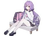  1girl absurdres ahoge azur_lane backpack bag bag_charm bench black_footwear black_sailor_collar black_scrunchie black_skirt cardigan charm_(object) commentary_request full_body hair_ornament hair_scrunchie highres kuo_(kuo114514) loafers long_hair long_sleeves looking_at_viewer low_twintails neckerchief on_bench pantyhose pink_neckwear pleated_skirt purple_eyes purple_hair sailor_collar school_uniform scrunchie serafuku shoes simple_background sitting skirt sleeves_past_wrists solo stuffed_alicorn stuffed_animal stuffed_toy twintails unicorn_(azur_lane) unicorn_(spring&#039;s_present)_(azur_lane) very_long_hair white_background white_cardigan white_legwear x_hair_ornament 