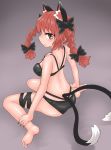  1girl animal_ears bangs bikini black_bikini black_bow black_legwear black_tail bow braid breasts cat_ears cat_tail chups closed_mouth extra_ears eyebrows_visible_through_hair from_side grey_background hair_bow highres kaenbyou_rin looking_at_viewer multiple_tails red_eyes red_hair red_nails short_hair solo swimsuit tail touhou twin_braids two_tails 