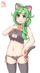  1girl alternate_costume animal_ears artist_logo black_bra black_legwear black_panties bra breasts cameltoe cat_ears cat_tail cleavage commentary_request dated green_eyes green_hair groin hair_over_shoulder hand_on_own_chest highres kanon_(kurogane_knights) kantai_collection long_hair lowleg lowleg_panties matsu_(kantai_collection) medium_breasts panties side-tie_panties simple_background solo tail thighhighs underwear white_background 