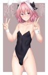  1boy absurdres animal_ears ao_banana astolfo_(fate) bangs bare_shoulders black_bow black_leotard blush border bow bulge bunny_ears closed_mouth collarbone covered_navel double_v fang fate/apocrypha fate_(series) grey_background hair_intakes hands_up highleg highleg_leotard highres leotard long_hair looking_at_viewer multicolored_hair otoko_no_ko pink_hair purple_eyes short_hair smile streaked_hair thighs translation_request v white_border white_hair 