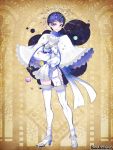  1boy blue_eyes blue_hair cape copyright_name full_body high_heels holding_planet male_focus morino_bambi pandora_party_project parted_lips planet simple_background sleeves_past_fingers sleeves_past_wrists smile thighhighs white_cape white_legwear yellow_background 