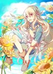  1girl :o blonde_hair blue_dress boots brown_footwear day dress flower full_body hair_ribbon highres holding holding_pencil ivy_(artist) kagerou_project kozakura_marry long_hair looking_at_viewer notepad outdoors pencil red_eyes ribbon sunflower 