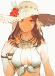  1girl bikini bikini_top breasts brown_eyes brown_hair character_request cleavage final_fantasy final_fantasy_xiv flower hand_on_own_shoulder hat hat_flower highres kuroimori looking_at_viewer medium_hair small_breasts solo sun_hat swimsuit 