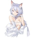  1girl absurdres animal_ear_fluff animal_ears bob_cut breasts cat_ears character_request cleavage closed_mouth detached_collar dress elbow_gloves gloves head_tilt highres looking_at_viewer masterwork_apocalypse medium_breasts messikid navel purple_eyes short_hair silver_hair simple_background single_elbow_glove solo strapless strapless_dress white_background white_dress white_gloves 