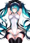  1girl absurdres ahoge aqua_eyes aqua_hair armpits arms_up bangs bare_shoulders blush boots breasts choker covered_navel covered_nipples elbow_gloves gloves grin groin hatsune_miku headphones highleg highleg_leotard highres impossible_clothes impossible_leotard leotard long_hair looking_at_viewer medium_breasts race_queen racing_miku racing_miku_(2011) sidelocks sleeveless smile solo thigh_boots thigh_gap thighhighs twintails ulrich_(tagaragakuin) very_long_hair vocaloid 