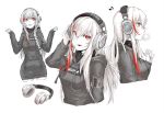  1girl absurdres alma01 bangs black_hoodie blonde_hair braid braided_ponytail bubble_blowing character_name chewing_gum clenched_hands commentary_request eighth_note fang girls_frontline hand_up head_tilt headphones highres holding holding_headphones hood hood_down hoodie long_hair looking_at_viewer m4_sopmod_ii_(girls_frontline) monochrome multicolored_hair multiple_views musical_note playing_with_own_hair red_eyes red_hair spoken_musical_note spot_color streaked_hair 