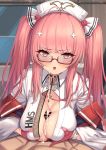  1boy 1girl absurdres ahoge azur_lane bangs bar_censor blush breast_squeeze breasts censored choker cleavage collared_dress cum cum_on_body cum_on_breasts cum_on_upper_body cumdrip dress eyebrows_visible_through_hair facial glasses gloves hair_ornament half_gloves hat hetero highres indoors large_breasts long_hair looking_at_viewer male_pubic_hair momo_no_sukebe nurse nurse_cap open_mouth paizuri penis perseus_(azur_lane) perseus_(nursery_service_time)_(azur_lane) pink_eyes pink_gloves pink_hair pov pubic_hair solo_focus twintails very_long_hair white_dress white_headwear x_hair_ornament 