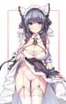  1girl absurdres aqua_eyes azur_lane bare_shoulders black_hair blush breasts cheshire_(azur_lane) cleavage detached_sleeves dress dress_lift eyebrows_visible_through_hair frills garter_belt hairband highres large_breasts lifted_by_self looking_at_viewer maid_headdress multicolored_hair puffy_sleeves ribbon smile sobmarine solo streaked_hair thighhighs white_legwear wrist_cuffs 