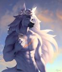  2020 5_fingers abs anthro black_nose canid canine day detailed_background digital_media_(artwork) eruca fingers fur hair hi_res male mammal nipples outside sky solo white_body white_fur white_hair 