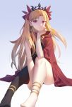  1girl asymmetrical_legwear bangs blonde_hair breasts cape earrings ereshkigal_(fate/grand_order) fate/grand_order fate_(series) gold_trim hair_ribbon hood hooded_cape hoop_earrings jewelry long_hair looking_at_viewer medium_breasts parted_bangs red_eyes red_ribbon ribbon single_thighhigh sitting skull smile thighhighs tiara two_side_up yaxiya 