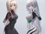  2girls ak-12_(girls_frontline) an-94_(girls_frontline) bangs black_bodysuit black_hairband blonde_hair bodysuit commentary_request eyebrows_visible_through_hair from_side girls_frontline green_eyes grey_background grey_bodysuit hairband high_ponytail long_hair long_ponytail looking_at_viewer multiple_girls neon_genesis_evangelion no_hands parted_lips pink_eyes platinum_blonde_hair sidelocks smile urano_ura 