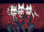  3girls :d alternate_eye_color alternate_hair_color animal_ear_fluff animal_ears bangs black_gloves black_neckwear black_pants burbur cerberus_(helltaker) cerberus_(helltaker)_(cosplay) commentary cosplay demon_tail english_commentary eyebrows_visible_through_hair fang fate/grand_order fate_(series) fox_ears gloves hair_between_eyes hair_ribbon hands_together helltaker long_hair long_sleeves multiple_girls necktie open_mouth pants ponytail red_eyes red_ribbon red_shirt ribbon shirt skin_fang smile tail tamamo_(fate)_(all) tamamo_no_mae_(fate) white_hair 