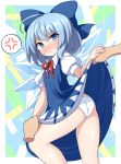  1girl anger_vein ass assisted_exposure bare_legs blue_bow blue_dress blue_eyes blue_hair blue_wings blush bow cirno collared_shirt dress dress_lift hair_bow ice ice_wings looking_at_viewer medium_hair neck_ribbon panties puffy_short_sleeves puffy_sleeves red_neckwear ribbon rizento shirt short_sleeves sleeveless sleeveless_dress solo_focus spoken_anger_vein standing sweat touhou twisted_torso underwear white_panties white_shirt wing_collar wings 