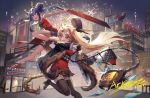  2girls :d animal_ears arknights bag bangs bare_arms bare_legs bare_shoulders black_headwear black_jacket black_legwear blue_hair building ch&#039;en_(arknights) chi_xiao_(arknights) china_dress chinese_clothes commentary_request copyright_name dragon_horns dress drone eyebrows_visible_through_hair fang fireworks fur-trimmed_jacket fur_trim hair_bun handbag hat_feather high_heels highres holding holding_sword holding_weapon horns jacket juju_(jelly_fever) long_hair lungmen_dollar money multiple_girls night night_sky open_mouth outdoors red_dress red_eyes red_footwear sidelocks sky sleeveless sleeveless_dress smile swire_(arknights) sword tail thighhighs thighs tiger_ears tiger_tail weapon zettai_ryouiki 