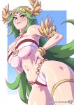  1girl bikini blush forehead_jewel freckles green_hair hand_on_hip hand_on_own_chest kajin_(kajinman) kid_icarus kid_icarus_uprising long_hair looking_down palutena skindentation solo swimsuit thick_thighs thighlet thighs v-shaped_eyebrows wing_hair_ornament 