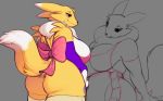  anthro apron apron_only big_butt bow butt buxbi clothing digimon digimon_(species) female fur looking_back mostly_nude renamon simple_background yellow_body yellow_fur 