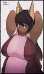  anthro apron big_breasts black_nose breasts brown_body brown_eyes brown_fur brown_hair canid canine clothed clothing curvy_figure female fully_clothed fur hair hands_behind_head hi_res honeycalamari huge_breasts kemono long_ears long_hair looking_at_viewer mammal mature_female simple_background slightly_chubby smile solo standing voluptuous white_background wide_hips 