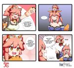  3girls alternate_costume animal_ear_fluff animal_ears apron attack bare_shoulders bell bell_collar blue_kimono blue_ribbon blush breasts cat_paws cleavage collar detached_sleeves english_text engrish_text enmaided eyebrows_visible_through_hair fang fate/extella fate/extra fate/extra_ccc fate/grand_order fate_(series) fox_ears fox_girl fox_tail gloves hair_ribbon highres injury japanese_clothes jingle_bell keita_naruzawa kimono large_breasts long_hair looking_at_another maid maid_apron maid_headdress minigirl multiple_girls open_mouth paw_gloves paws pink_hair ponytail ranguage red_ribbon ribbon speech_bubble tail tamamo_(fate)_(all) tamamo_cat_(fate) tamamo_no_mae_(fate) white_apron yellow_eyes 