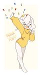  1girl arm_up bare_legs barefoot clenched_hand closed_eyes confetti egg egg_(lemyawn) english_commentary eyebrows_visible_through_hair full_body highres lemyawn long_sleeves medium_hair open_mouth orange_sweater original solo standing sunny_side_up_egg sweater thank_you white_hair 