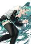  1girl black_skirt blue_eyes blue_hair blue_nails boots buri_(retty9349) detached_sleeves fetal_position hair_between_eyes hand_to_own_mouth hatsune_miku highres lying on_side short_hair skirt symbol_commentary thigh_boots thighhighs twintails very_short_hair vocaloid 
