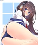  1girl ass azur_lane bangs between_breasts blue_eyes blue_jacket blue_panties blush breasts brown_hair commentary_request eyebrows_visible_through_hair headphones highres jacket kamishiro_(rsg10679) long_hair long_island_(azur_lane) looking_at_viewer looking_back lowleg lowleg_panties medium_breasts necktie necktie_between_breasts nose_blush off_shoulder panties red_neckwear shadow shirt solo thighs twitter_username underwear very_long_hair white_background white_shirt window 