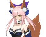  1girl animal_ear_fluff animal_ears bare_shoulders blue_kimono blue_ribbon breasts cleavage collarbone detached_sleeves eyebrows_visible_through_hair fate/extella fate/extra fate/extra_ccc fate/grand_order fate_(series) fox_ears fox_girl fox_tail hair_ribbon highres japanese_clothes kimono large_breasts looking_at_viewer pink_hair ribbon rikui_(rella2930) simple_background solo tail tamamo_(fate)_(all) tamamo_no_mae_(fate) upper_body white_background yellow_eyes 
