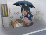  1girl :3 :d animal_ear_fluff animal_ears bangs bare_shoulders black_umbrella blue_shirt blue_shorts blush_stickers box brown_footwear cardboard_box cat_ears cat_girl cat_tail commentary_request crab denim denim_shorts eyebrows_visible_through_hair fang green_hair holding holding_umbrella in_box in_container long_hair off-shoulder_shirt off_shoulder open_mouth original outdoors parted_bangs pole rain road sandals shirt short_shorts shorts smile solo squatting tail tonbi translation_request umbrella very_long_hair wall 