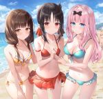  3girls bangs bare_shoulders beach bikini black_bow black_hair blue_eyes blue_sky blunt_bangs blush bow breasts brown_eyes brown_hair cleavage collarbone folded_ponytail fujiwara_chika hair_ribbon highres iino_miko kaguya-sama_wa_kokurasetai_~tensai-tachi_no_renai_zunousen~ large_breasts long_hair looking_at_viewer low_twintails medium_breasts multiple_girls navel parted_bangs pink_hair red_eyes red_ribbon ribbon rin_yuu shinomiya_kaguya shore sidelocks sky small_breasts smile swimsuit thighs twintails 