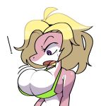  big_breasts bikini bikini_top blonde_hair breast_expansion breast_squeeze breasts clothing female fish hair marine non-mammal_breasts overflow pink_body shark solo surprised_expression swimwear vilepluff 