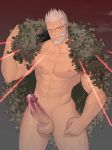  1boy abs bara beard chest cigarette closed_mouth coat earrings erection facial_hair fate/grand_order fate_(series) glasses highres hunterkay jewelry laser looking_at_viewer male_focus male_underwear manly muscle navel nipples pectorals penis penis_peek precum shirtless silver_hair smoking solo uncensored underwear william_tell_(fate/grand_order) 