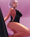  1girl absurdres ass biriyb black_choker black_dress blush breasts choker condom condom_in_mouth dress fate/grand_order fate_(series) highres holding holding_condom jeanne_d&#039;arc_(alter)_(fate) jeanne_d&#039;arc_(fate)_(all) looking_at_viewer medium_breasts mouth_hold naughty_face no_bra no_panties no_pants smile thighs yellow_eyes 
