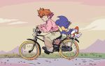  2018 anthro bicycle blue_body blue_fur bottomwear brown_hair christopher_thorndyke clothing cloud cycling duo escapethecitywithme eulipotyphlan eyes_closed footwear fur gloves grass hair handwear hedgehog human male mammal outside pants pink_clothing pink_shirt pink_topwear shirt shoes sky sonic_the_hedgehog sonic_the_hedgehog_(series) sonic_x topwear 