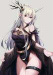  1girl absurdres arknights black_swimsuit breasts cleavage elf eyebrows_visible_through_hair grey_background highres horns long_hair looking_at_viewer madao medium_breasts pointy_ears ponytail red_eyes shining_(arknights) silver_hair solo swimsuit thighs tree 