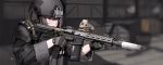  1girl alma01 assault_rifle blurry blurry_background brown_hair camouflage commentary gloves gun helmet highres holding holding_gun holding_weapon military original pink_eyes rifle solo suppressor trigger_discipline upper_body urban_camouflage weapon weapon_request 