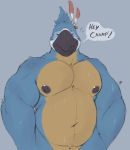  anthro avian bedroom_eyes belly big_biceps big_pecs bird blue_body blue_feathers bodily_fluids breath_of_the_wild convenient_censorship dialogue english_text feathers half-length_portrait hi_res kass_(tloz) looking_at_viewer male minedoo musclegut muscular muscular_anthro muscular_male narrowed_eyes nintendo nipples pecs portrait rito seductive solo sweat talking_to_viewer text the_legend_of_zelda video_games 