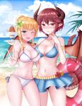  :d absurdres anne_(shingeki_no_bahamut) armlet beach bikini bikini_skirt blonde_hair blue_bikini blue_eyes blue_skirt blue_sky blush breasts cleavage cloud commentary cup day dragon_girl dragon_horns dragon_tail dragon_wings embarrassed food grea_(shingeki_no_bahamut) hair_up highres holding holding_plate horns ice_cream innertube large_breasts lens_flare manaria_friends midriff navel one_eye_closed open_mouth outdoors palm_tree plate pointy_ears princess_connect! princess_connect!_re:dive purple_hair red_eyes short_hair skirt sky smile swimsuit tail tree v white_bikini wings yurihana 