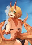  1girl :d absurdres ass bikini black_bikini blonde_hair blue_sky breasts cloud cowboy_shot day dragon_girl dragon_horns dragon_wings fangs from_behind green_eyes hair_between_eyes highres hitokuirou horns large_breasts looking_at_viewer looking_back monster_girl open_mouth original outdoors pointy_ears short_hair signature sky slit_pupils smile solo swimsuit wings 