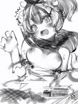  1girl bouncing_breasts breasts copyright_request d: greyscale hands_up highres looking_at_viewer medium_breasts monochrome nanashi_(nlo74593630) nipples open_mouth ponytail simple_background solo sweat tears upper_body wardrobe_malfunction white_background wide-eyed 