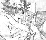  1boy 2girls akeemi-chan asui_tsuyu blush boku_no_hero_academia boy_on_top caught covering covering_breasts door doorway embarrassed graphite_(medium) greyscale highres long_hair lying midoriya_izuku monochrome multiple_girls on_back on_bed open_door open_mouth short_hair surprised sweat sweatdrop traditional_media uraraka_ochako walk-in 