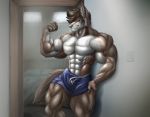  abs anthro bedroom better_version_at_source biceps big_muscles black_claws blue_eyes bulge canid canine canis claws clothed clothing commission_art domestic_dog erection erection_under_clothing flexing hi_res husky male mammal multicolored_body muscular muscular_anthro muscular_legs muscular_male nordic_sled_dog pecs pose rizzyofen smile smirk solo spitz topless underwear veiny_muscles 