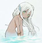  1girl @_@ ayu_(mog) blue_eyes blush breasts closed_mouth dark_skin head_fins head_tilt long_hair looking_at_viewer mermaid monster_girl multicolored multicolored_eyes navel nude original partially_submerged signature simple_background small_breasts solo white_background white_hair yellow_eyes 