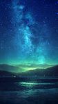  blue_theme building cloud gradient_sky highres lake lamppost milky_way mks mountain night night_sky no_humans original outdoors reflection scenery sky star_(sky) starry_sky water 