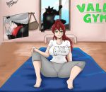  anthro bodily_fluids breasts claws clothing detailed_background duo english_text fangs female green_eyes grimm_(rwby) gym hair hi_res human human_focus male male/female mammal monster muscular muscular_anthro muscular_male nayaa open_mouth open_smile pyrrha_nikos red_hair rwby saliva shirt sitting size_queen smile spread_legs spreading teeth text text_on_clothing text_on_shirt text_on_topwear tongue topwear 