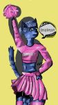  big_penis blue_body blue_fur bottomwear cheerleader clothing crop_top dialogue_box felid feline fur genitals hair hi_res huge_penis male mammal miniskirt penis pink_clothing ponytail shirt skirt solo text thick_thighs topwear vronex 