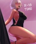  1girl absurdres biriyb black_choker black_dress blush breasts choker condom condom_in_mouth dress english_text fate/grand_order fate_(series) highres holding holding_condom jeanne_d&#039;arc_(alter)_(fate) jeanne_d&#039;arc_(fate)_(all) looking_at_viewer medium_breasts mouth_hold naughty_face no_bra no_panties no_pants smile yellow_eyes 