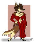  4:5 anthro blue_eyes breasts brown_body brown_fur canid canine canis clothed clothing digital_media_(artwork) evening_gown female footwear fur hair high_heels looking_at_viewer lucy_lupa mammal pinup pose shoes simple_background slit_dress smile solo thick_thighs unclescooter wolf 