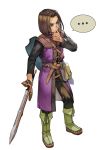  ... 1boy bag belt blue_eyes boots brown_hair closed_mouth dragon_quest dragon_quest_xi full_body green_footwear hankuri hero_(dq11) holding holding_sword holding_weapon male_focus pants sheath shield solo speech_bubble standing sword thinking weapon 