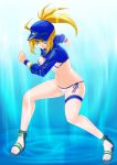  1girl ahoge artoria_pendragon_(all) bangs baseball_cap bikini blonde_hair blue_background blue_eyes blue_headwear blurry breasts engo_(aquawatery) eyebrows_visible_through_hair fate/grand_order fate_(series) floating_hair full_body gen_1_pokemon gradient gradient_background groin hair_between_eyes hat long_hair long_sleeves medium_breasts mysterious_heroine_xx_(foreigner) navel ponyta shrug_(clothing) side-tie_bikini sideboob solo stance swimsuit white_background white_bikini 